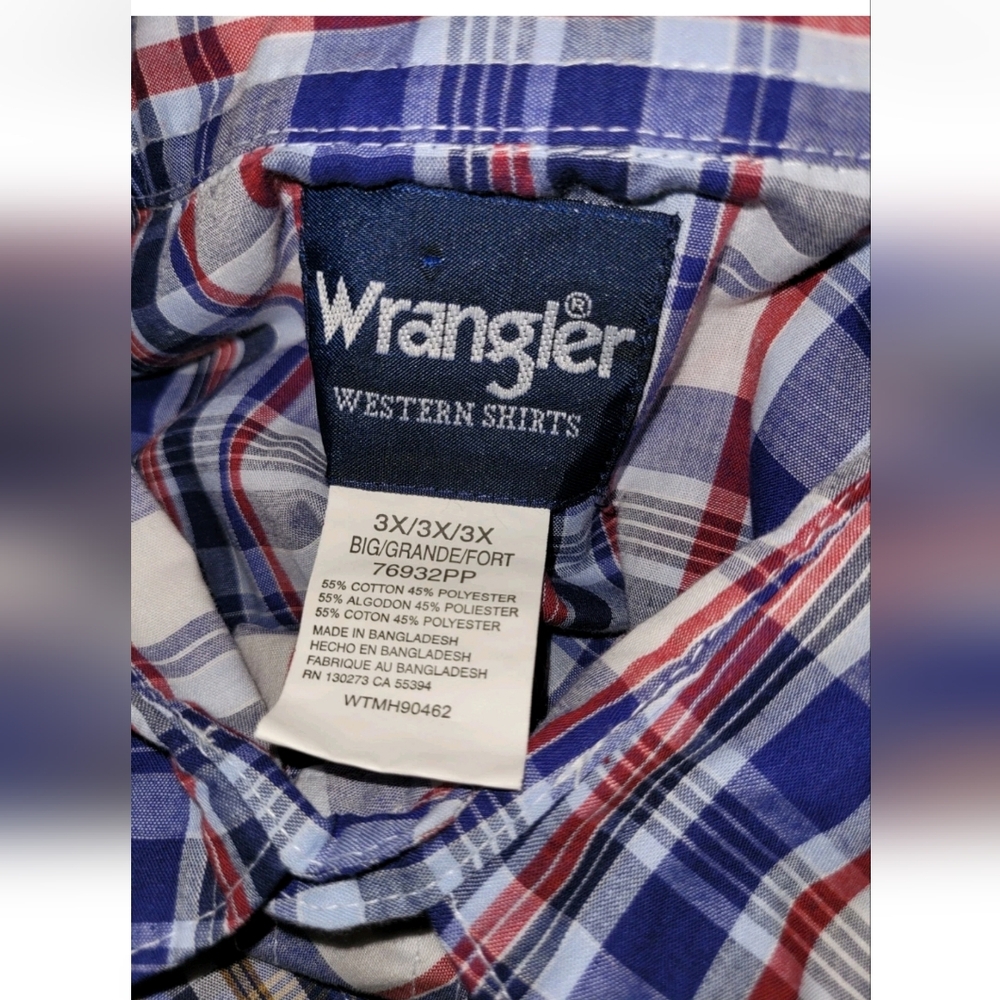 Wrangler Western Shirt Mens Size 3X Pearl Snaps Blue Red Plaid Short Sleeves 3XL - Picture 4 of 6